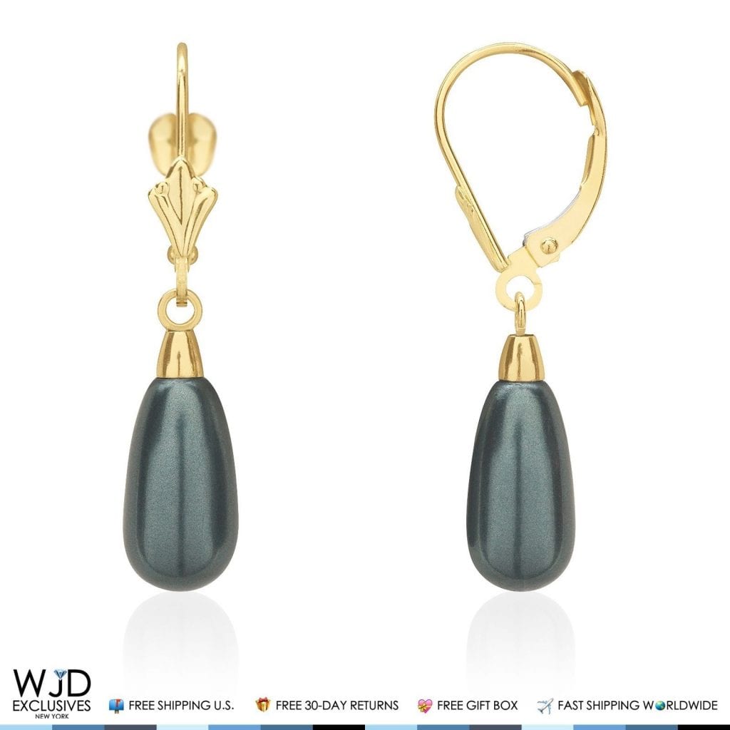 14K Yellow Gold Teardrop Pearl Leverback Drop Earrings