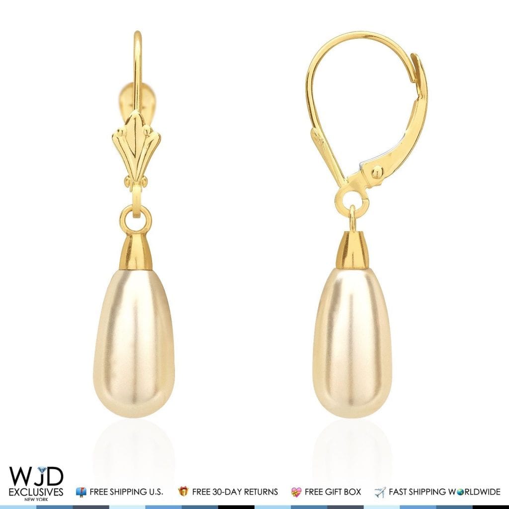 14K Yellow Gold Teardrop Pearl Leverback Drop Earrings