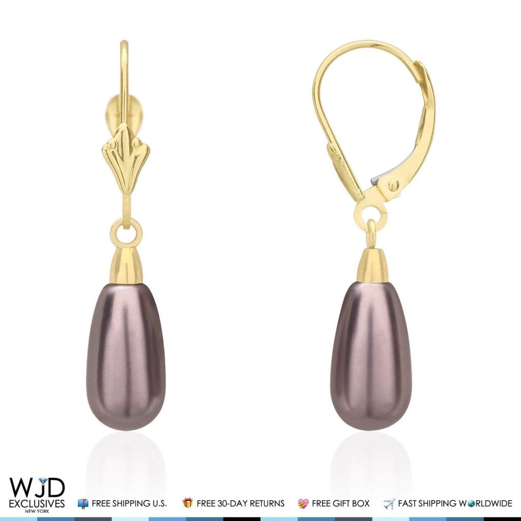 14K Yellow Gold Teardrop Pearl Leverback Drop Earrings