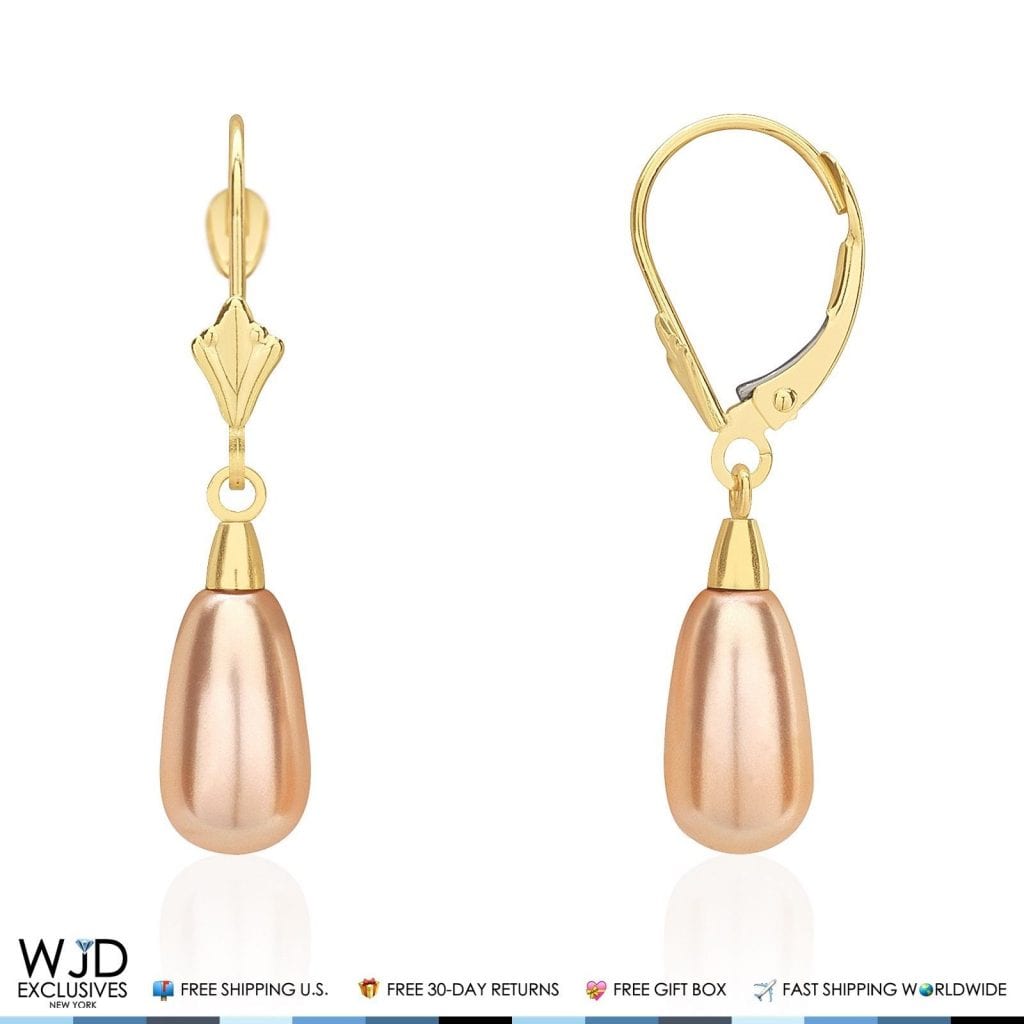14K Yellow Gold Teardrop Pearl Leverback Drop Earrings
