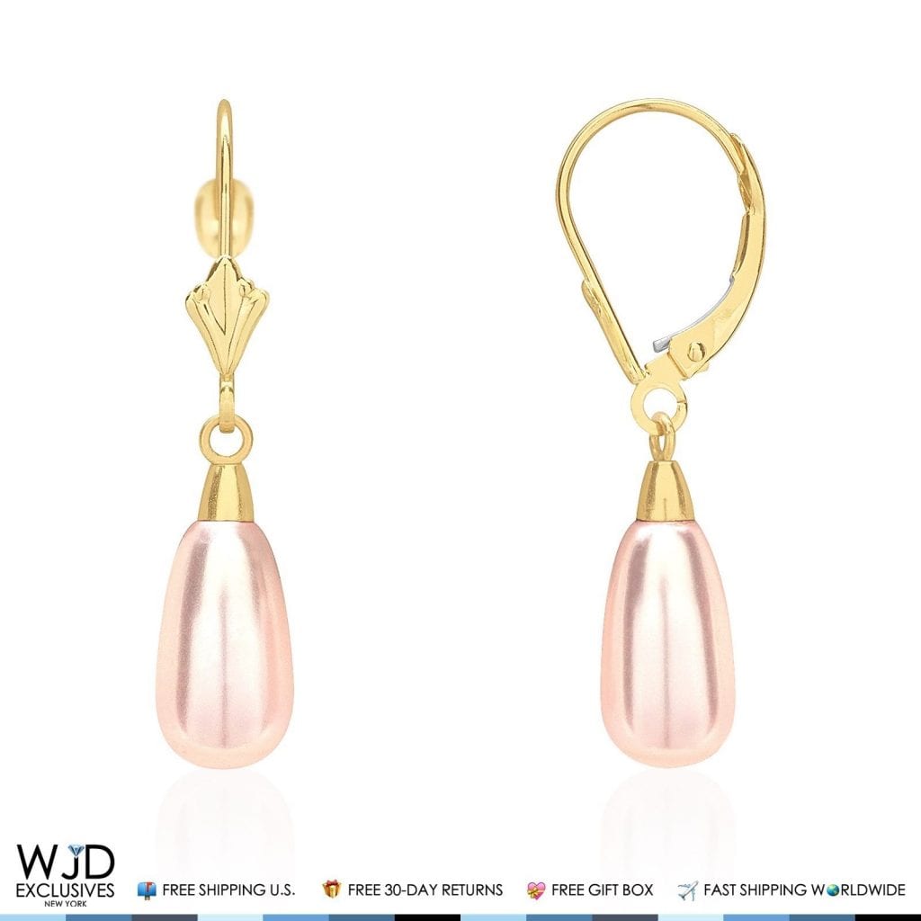 14K Yellow Gold Teardrop Pearl Leverback Drop Earrings
