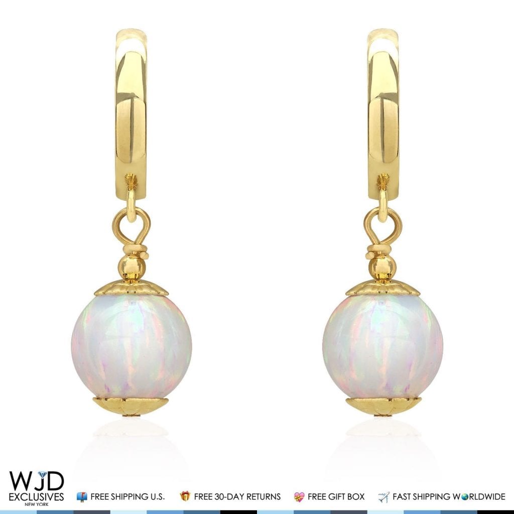 14K Solid Yellow Gold White Fire Opal Ball Huggie Hoop Dangle Drop Earrings