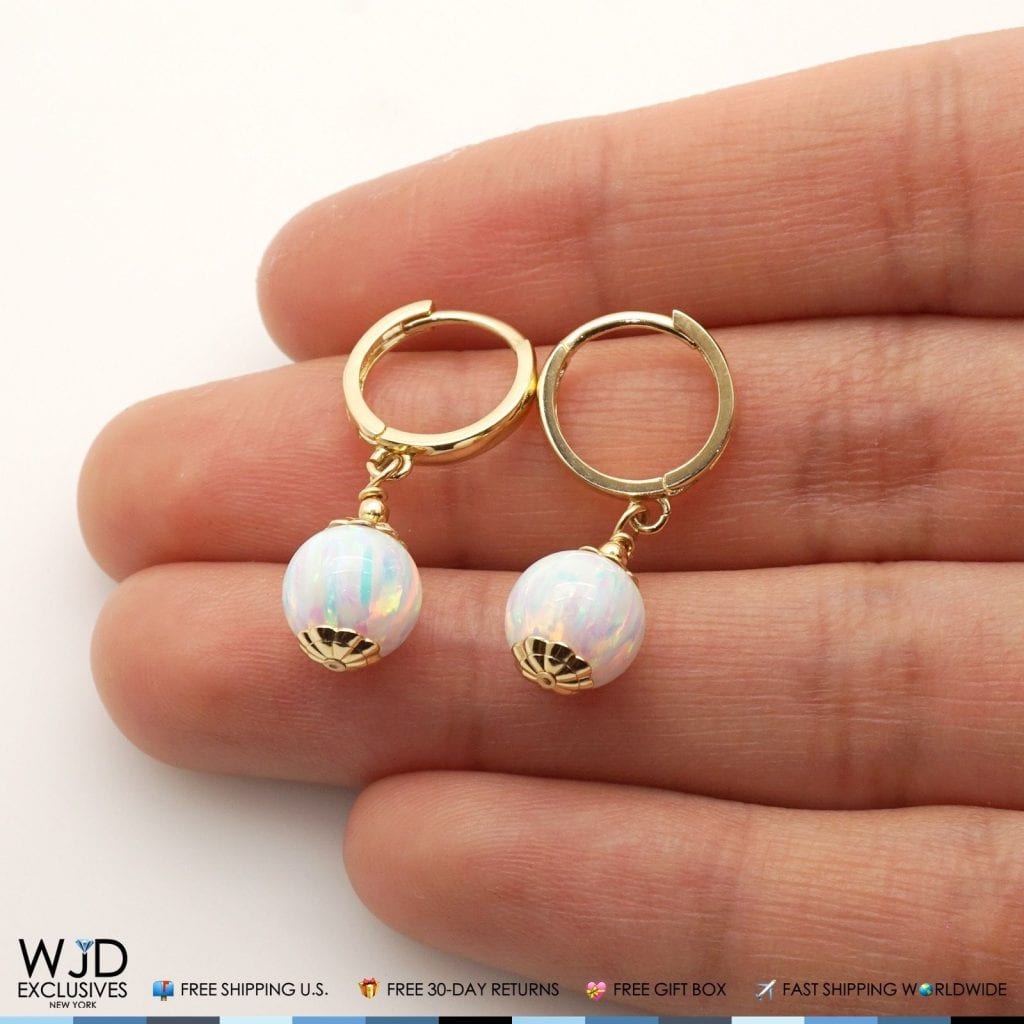 14K Solid Yellow Gold White Fire Opal Ball Huggie Hoop Dangle Drop Earrings