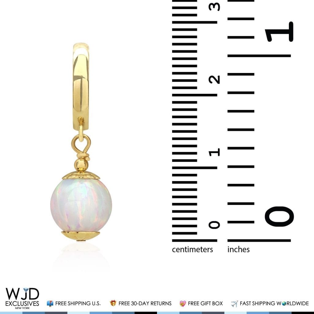 14K Solid Yellow Gold White Fire Opal Ball Huggie Hoop Dangle Drop Earrings