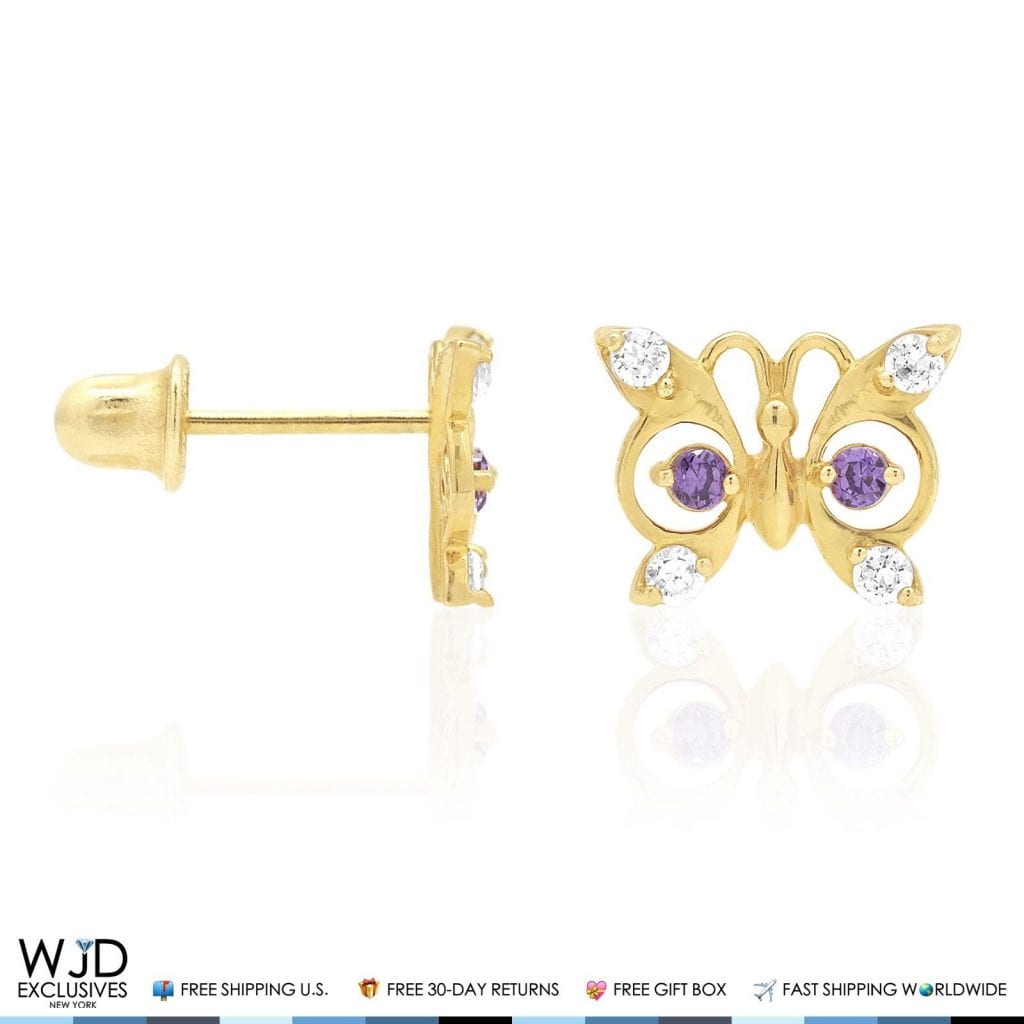14K Yellow Gold White Zircon & Birthstone Butterfly Screw Back Stud Earrings