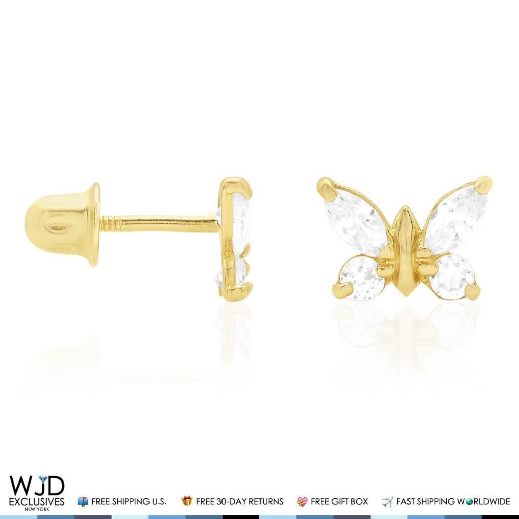 14K Yellow & White Gold Multicolor Gemstone Butterfly Screw Back Stud Earrings
