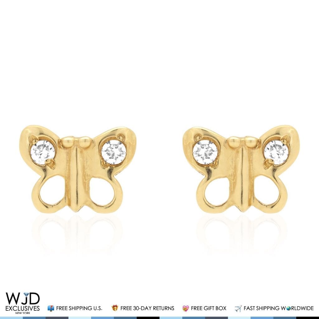 14K Solid Yellow Gold White Zircon Butterfly Baby Screw Back Stud Kid Earrings