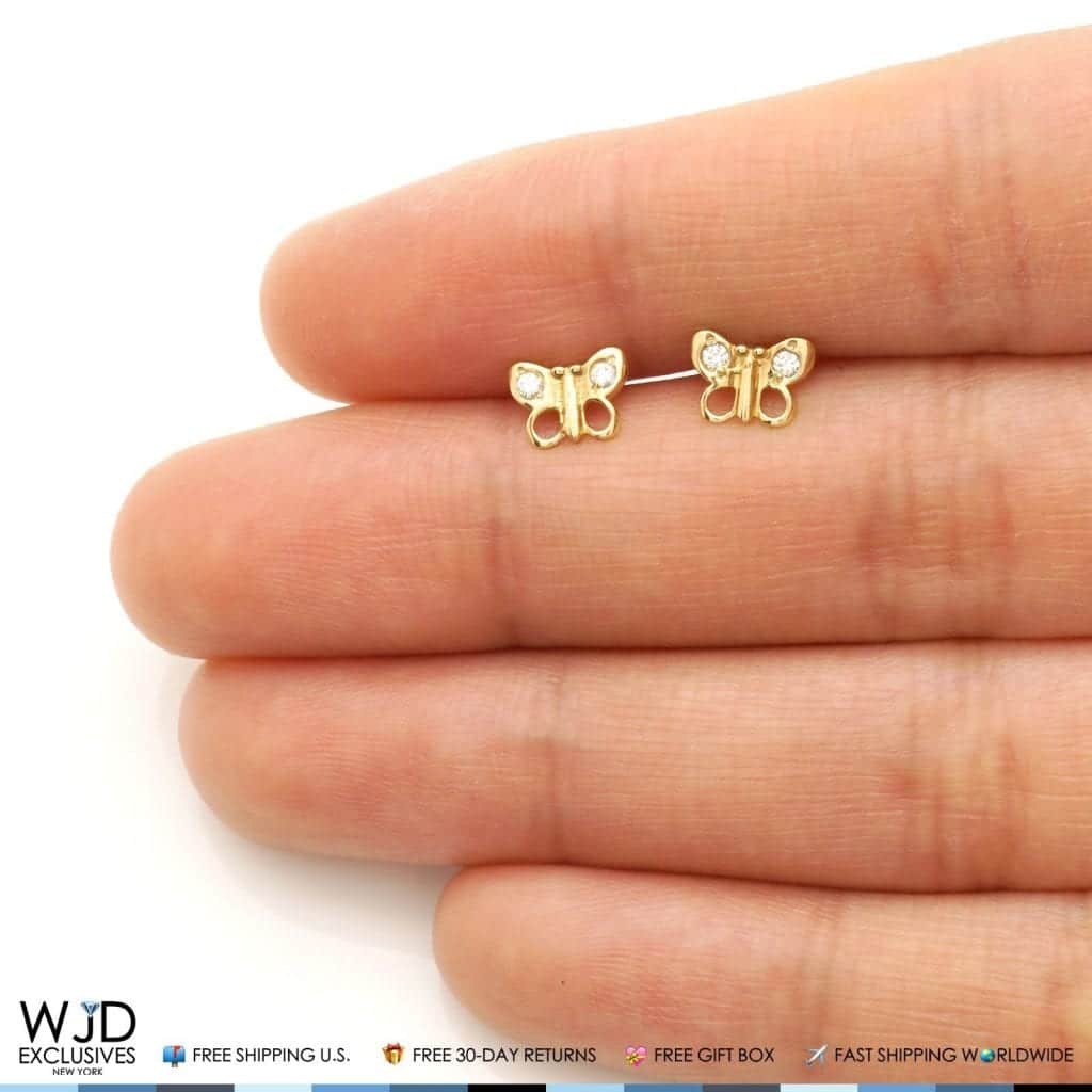 14K Solid Yellow Gold White Zircon Butterfly Baby Screw Back Stud Kid Earrings