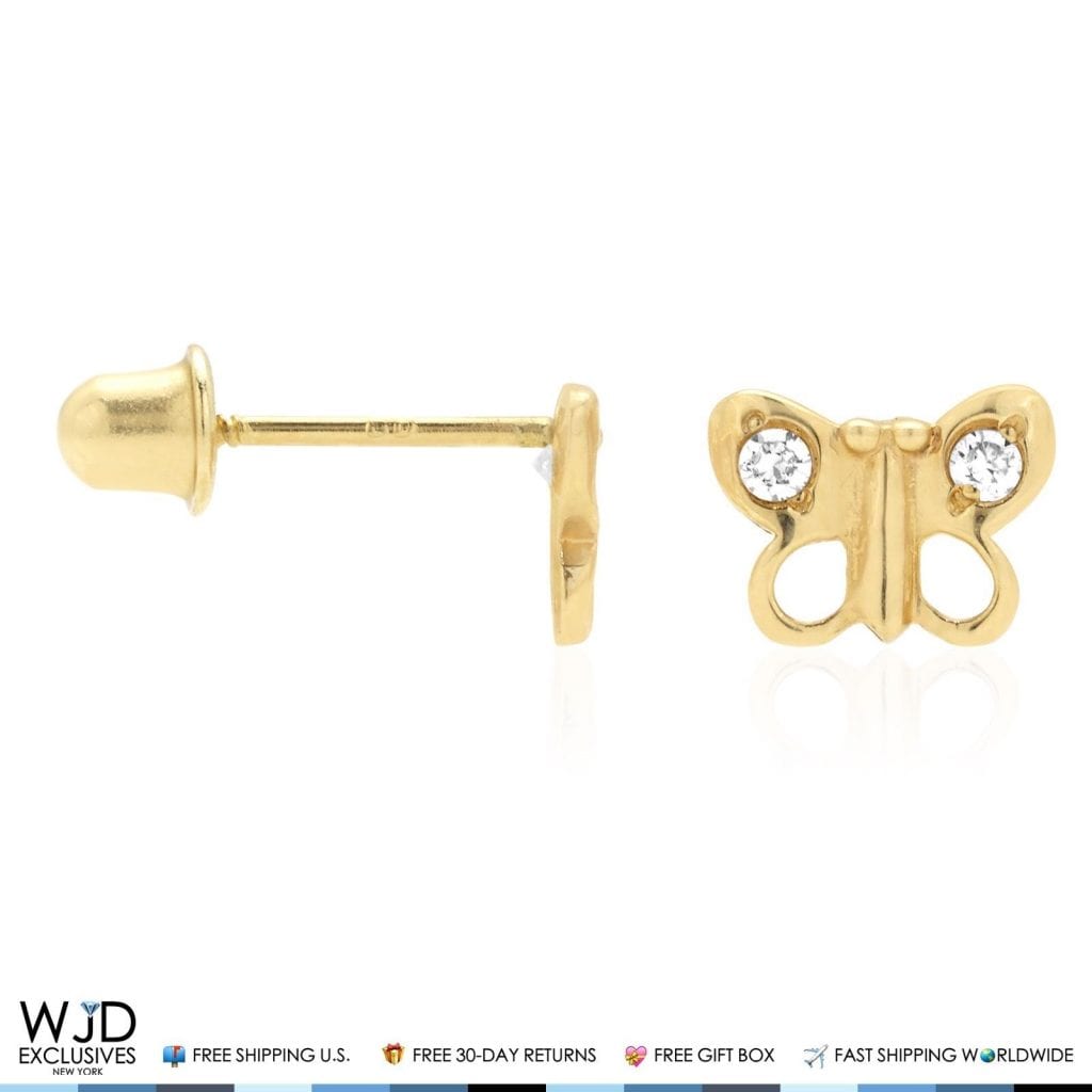 14K Solid Yellow Gold White Zircon Butterfly Baby Screw Back Stud Kid Earrings