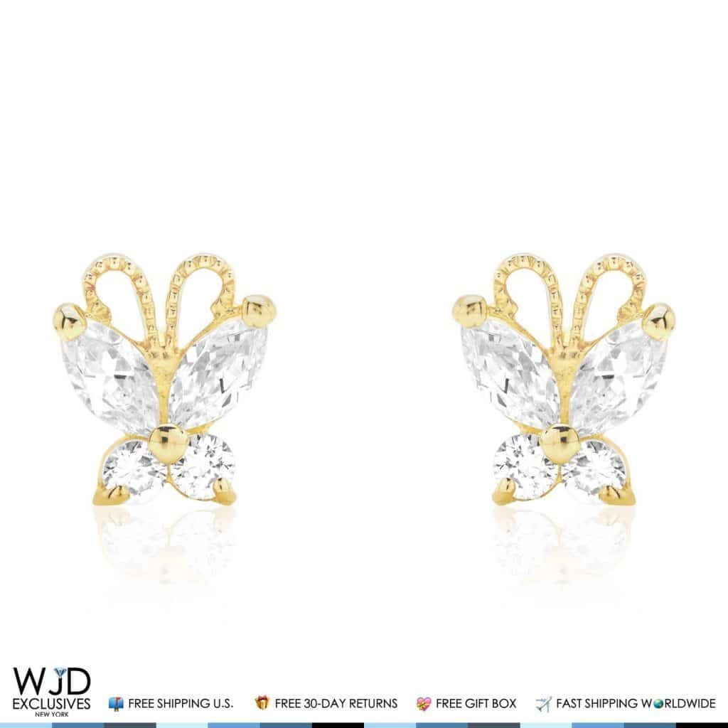 14K Solid Yellow Gold White Zircon Butterfly Baby Screwback Stud Kid Earrings