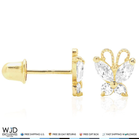 14K Yellow Gold White Zircon Butterfly Baby Screwback Stud Kid Earrings