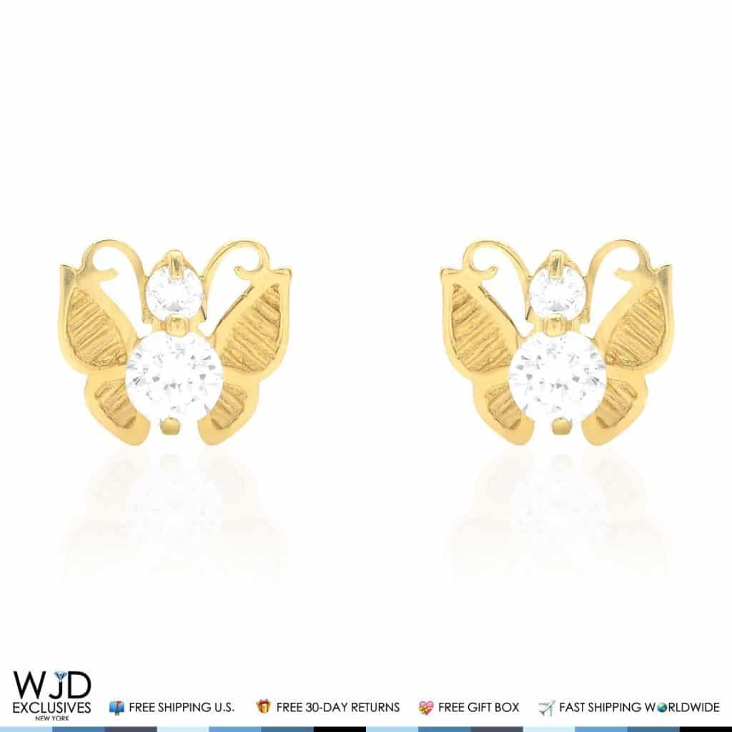 14K Yellow Gold Simulated Birthstone Butterfly Screw Back Stud Earrings