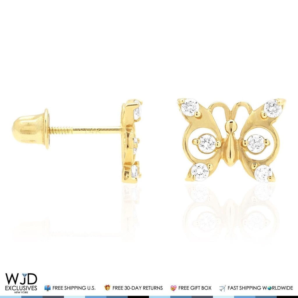 14K Yellow Gold White Zircon & Birthstone Butterfly Screw Back Stud Earrings