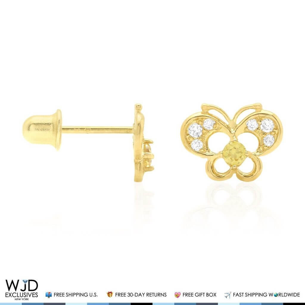 14k Yellow Gold Pave Birthstone Butterfly Screw Back Stud Kid Earrings