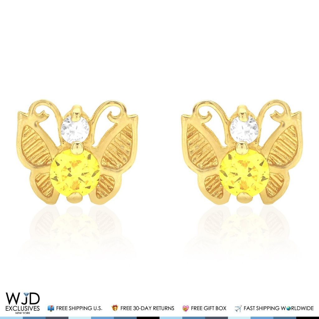 14K Yellow Gold Simulated Birthstone Butterfly Screw Back Stud Earrings
