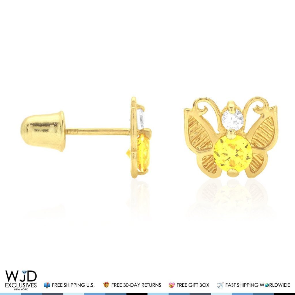 14K Yellow Gold Simulated Birthstone Butterfly Screw Back Stud Earrings