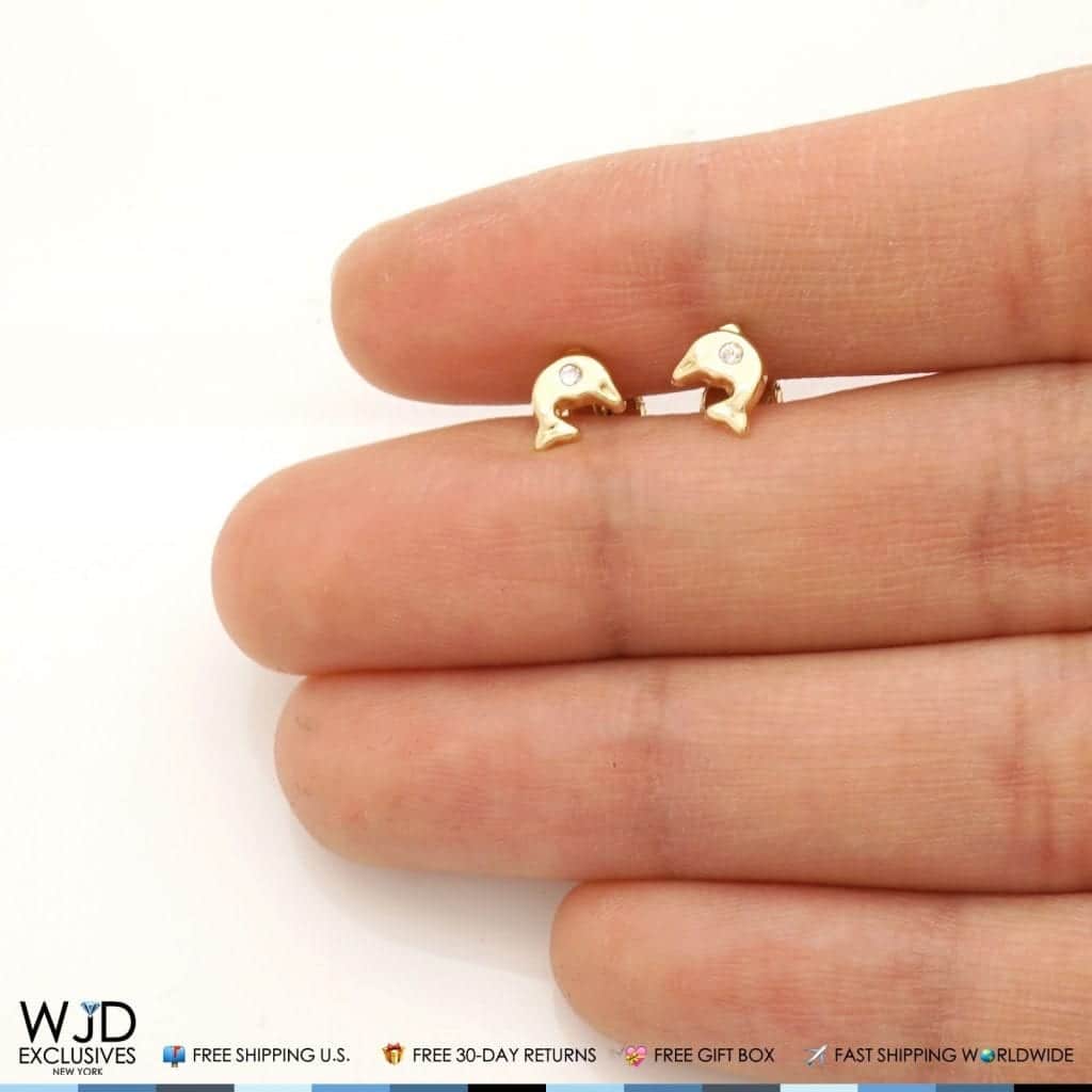 14K Solid Yellow Gold White Zircon Dolphin Baby Screwback Stud Kid Earrings