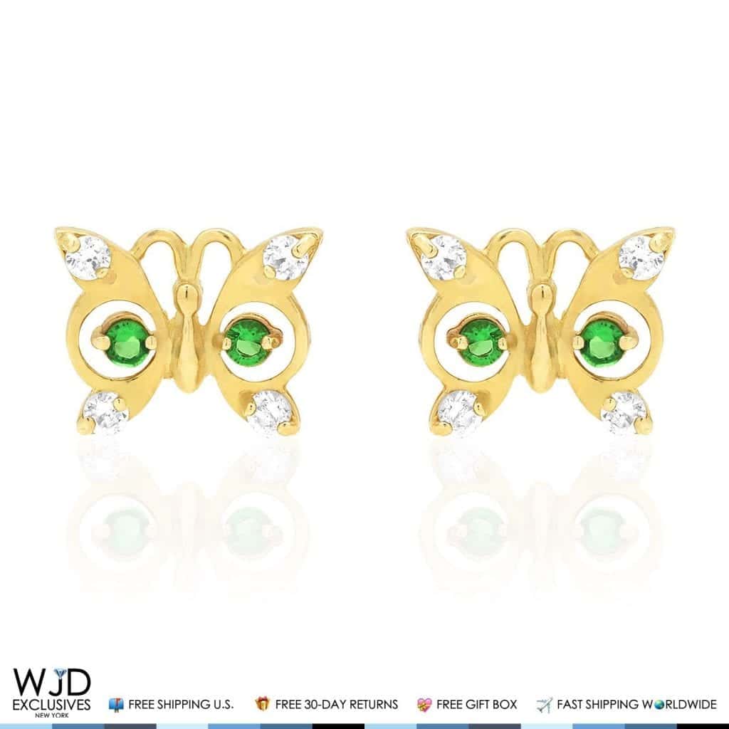 14K Yellow Gold White Zircon & Birthstone Butterfly Screw Back Stud Earrings