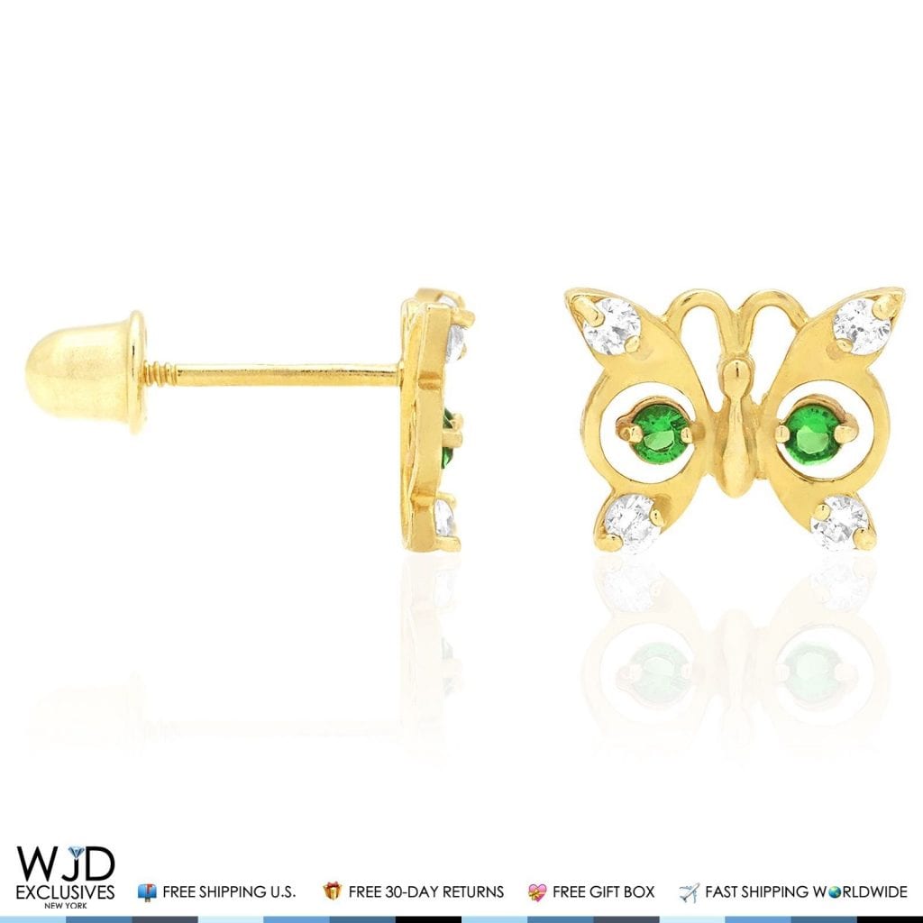 14K Yellow Gold White Zircon & Birthstone Butterfly Screw Back Stud Earrings