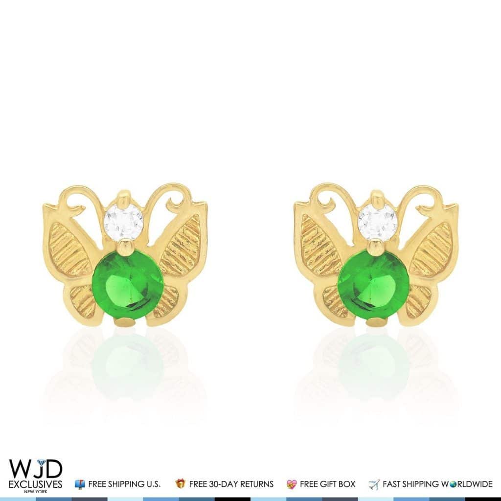 14K Yellow Gold Simulated Birthstone Butterfly Screw Back Stud Earrings