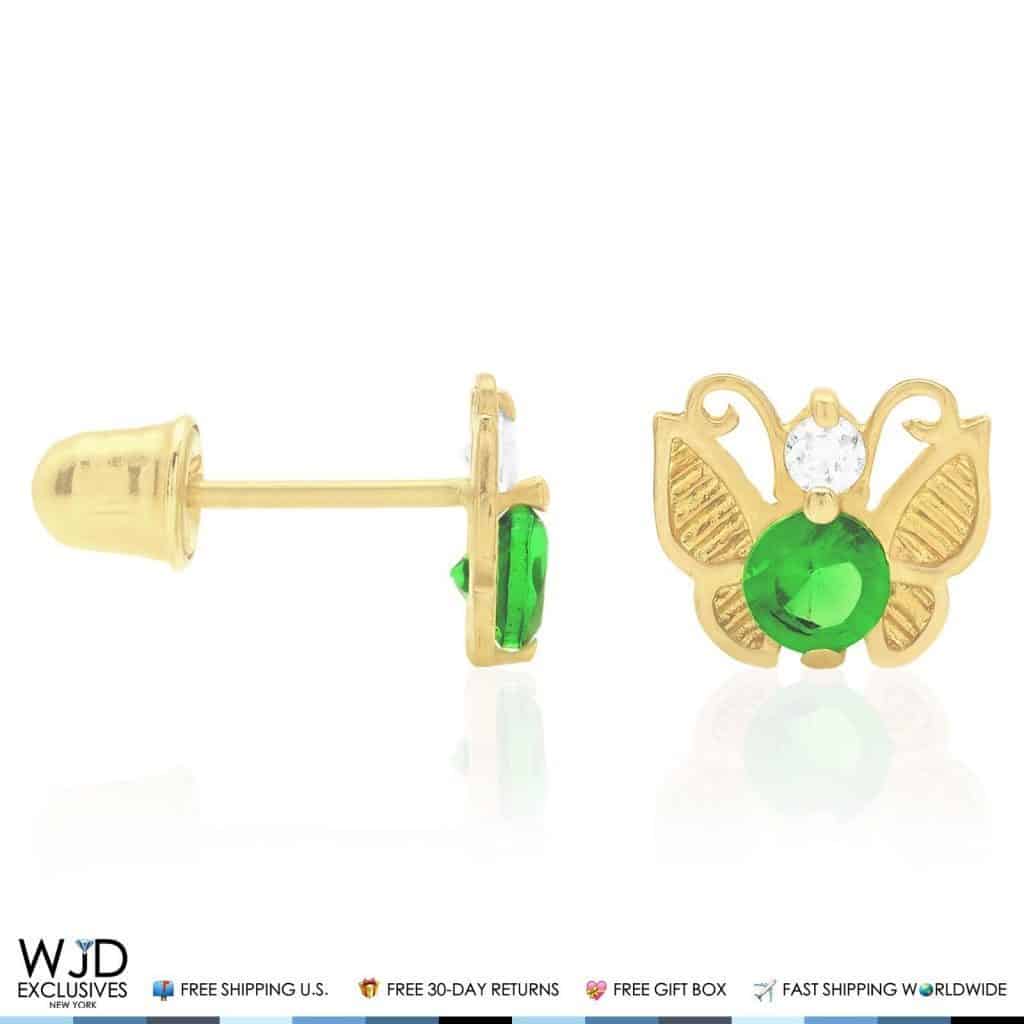 14K Yellow Gold Simulated Birthstone Butterfly Screw Back Stud Earrings