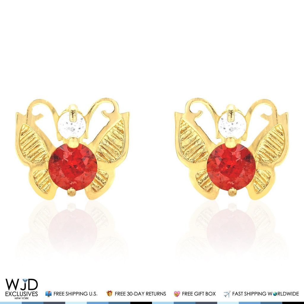 14K Yellow Gold Simulated Birthstone Butterfly Screw Back Stud Earrings
