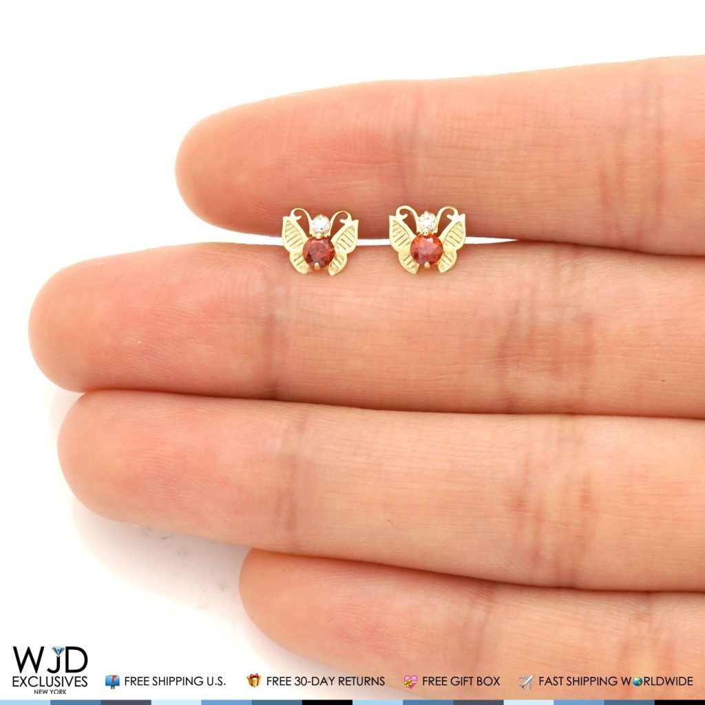 14K Yellow Gold Simulated Birthstone Butterfly Screw Back Stud Earrings