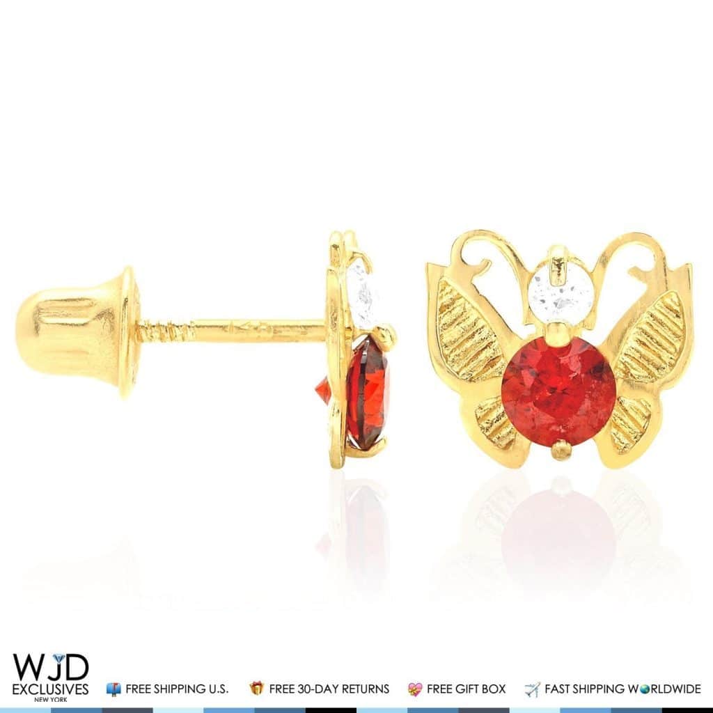 14K Yellow Gold Simulated Birthstone Butterfly Screw Back Stud Earrings