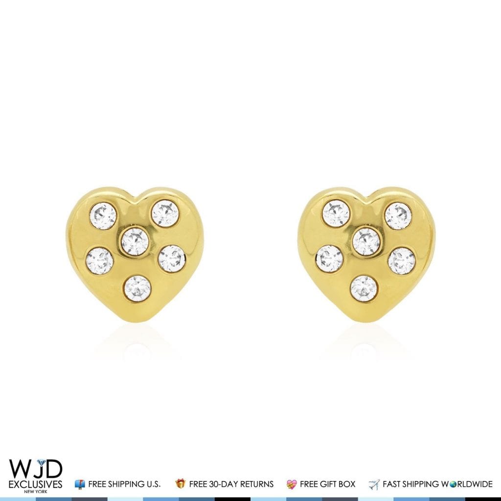 14K Solid Yellow Gold White Zircon Heart Screwback Stud Kids Earrings