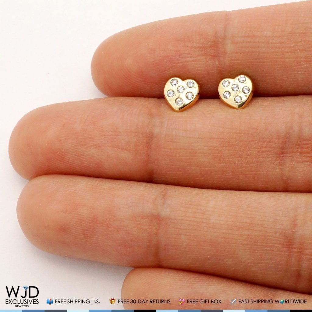 14K Solid Yellow Gold White Zircon Heart Screwback Stud Kids Earrings
