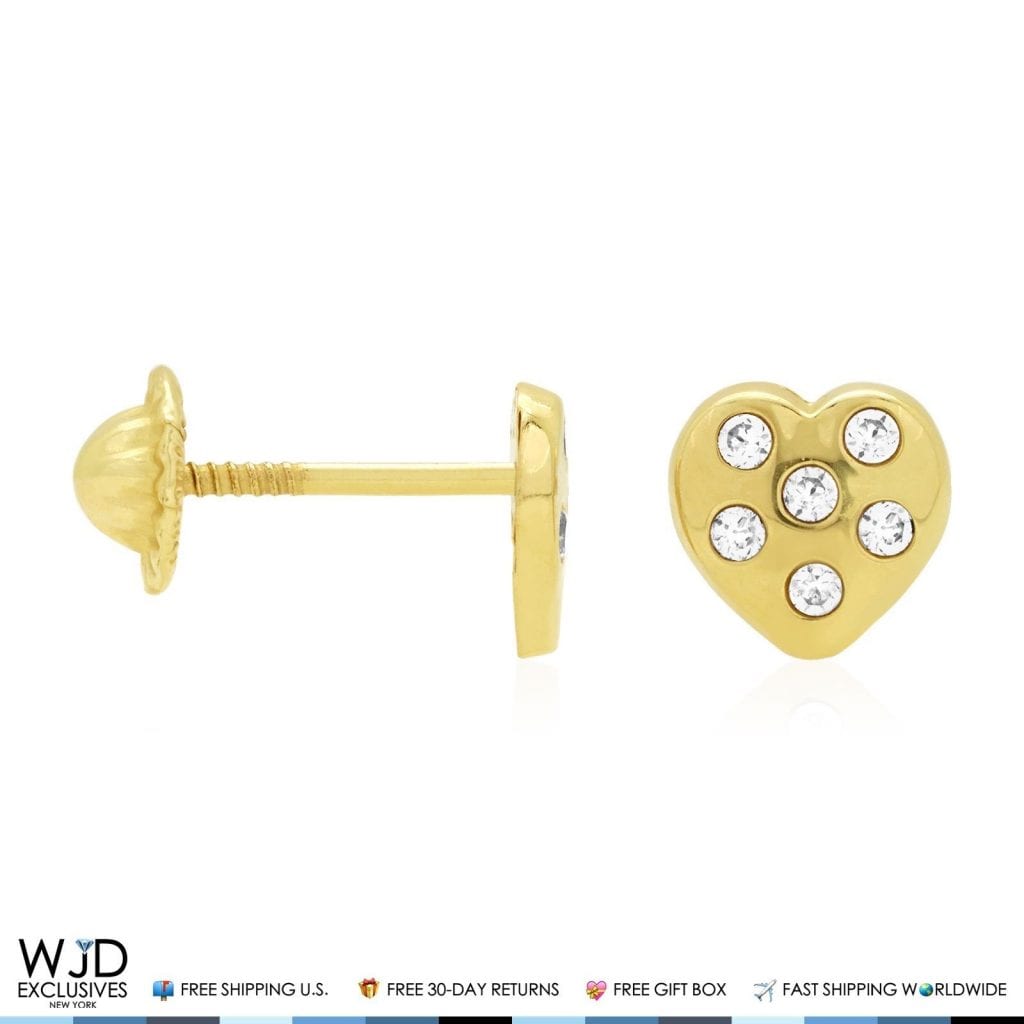 14K Solid Yellow Gold White Zircon Heart Screwback Stud Kids Earrings