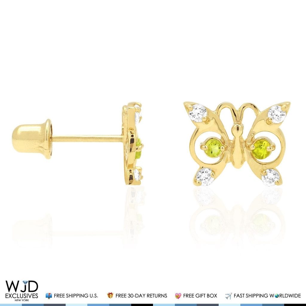 14K Yellow Gold White Zircon & Birthstone Butterfly Screw Back Stud Earrings