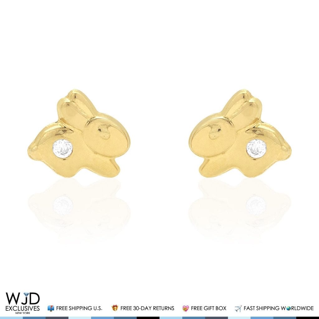 14K Solid Yellow Gold White Zircon Rabbit Baby Screw Back Stud Kid Earrings