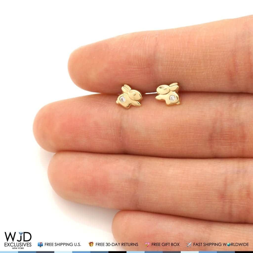 14K Solid Yellow Gold White Zircon Rabbit Baby Screw Back Stud Kid Earrings