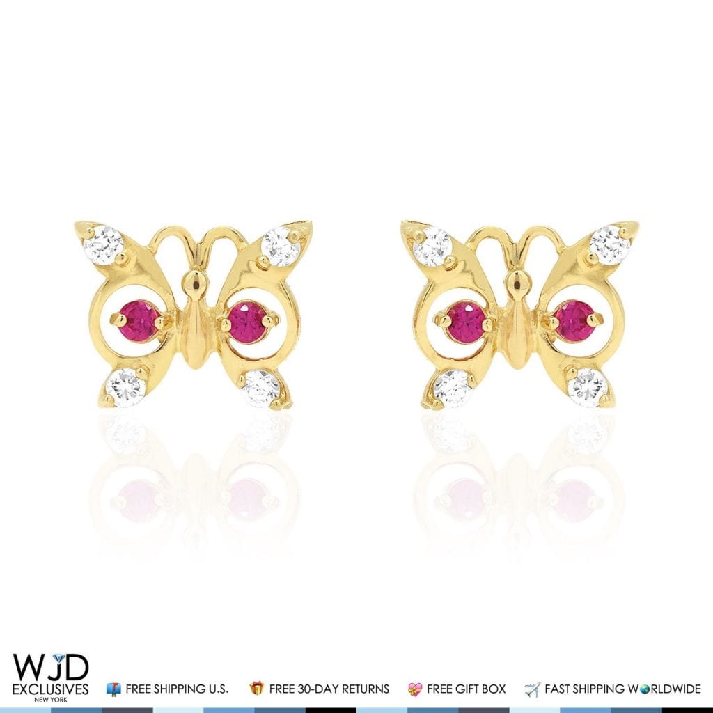 14K Yellow Gold White Zircon & Birthstone Butterfly Screw Back Stud Earrings