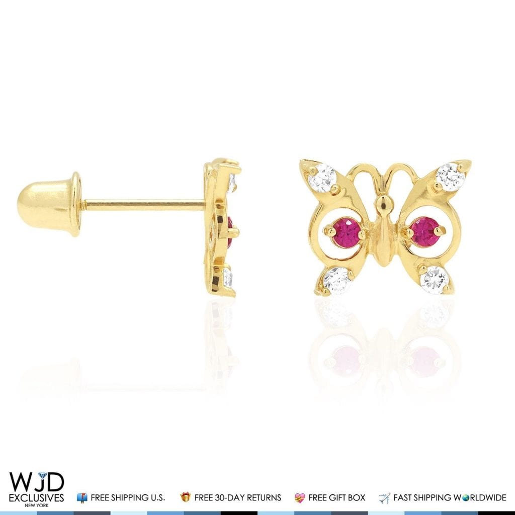 14K Yellow Gold White Zircon & Birthstone Butterfly Screw Back Stud Earrings