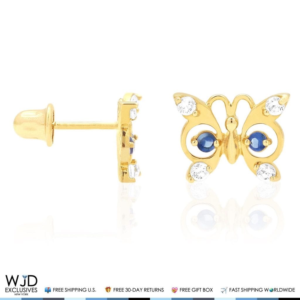 14K Yellow Gold White Zircon & Birthstone Butterfly Screw Back Stud Earrings