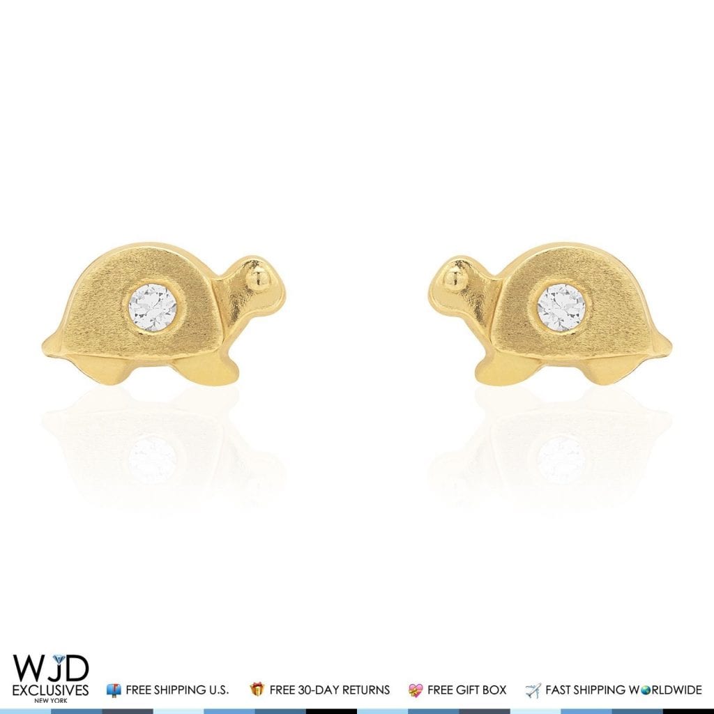 14K Solid Yellow Gold White Zircon Turtle Baby Screwback Stud Kid Earrings