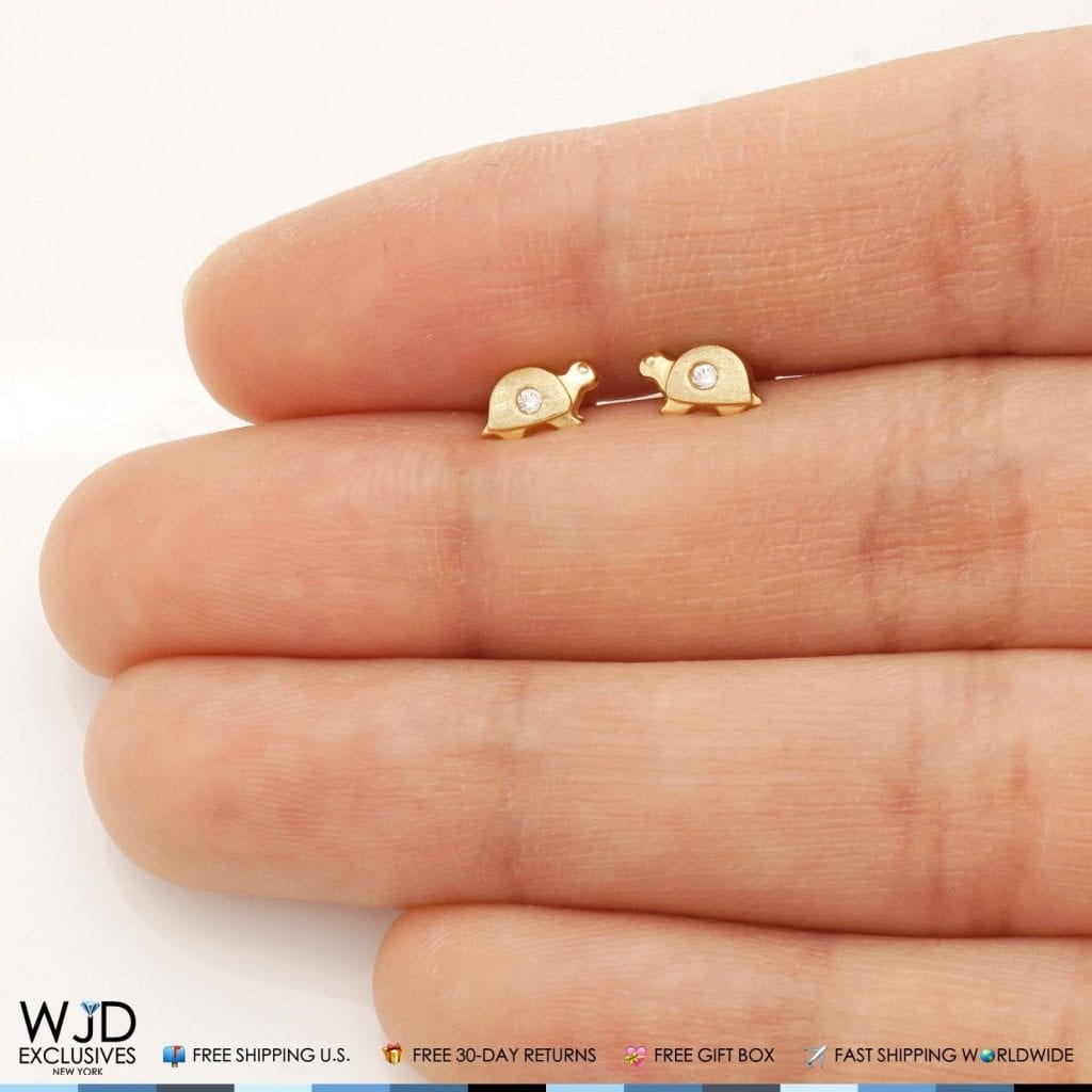 14K Solid Yellow Gold White Zircon Turtle Baby Screwback Stud Kid Earrings