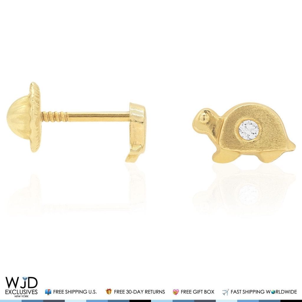 14K Solid Yellow Gold White Zircon Turtle Baby Screwback Stud Kid Earrings