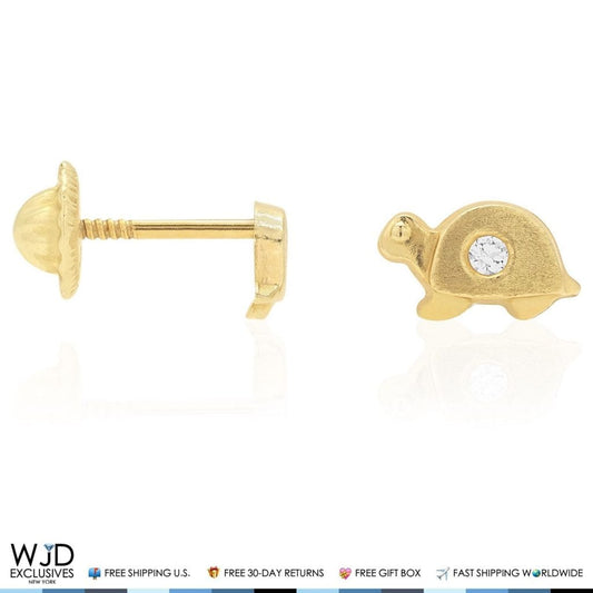 14K Yellow Gold White Zircon Turtle Baby Screwback Stud Kid Earrings