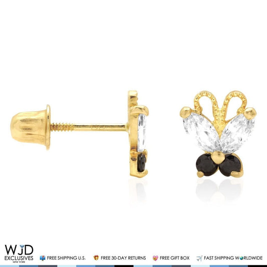 14K Yellow Gold Zircon & Butterfly Baby Screwback Stud Kids Earrings