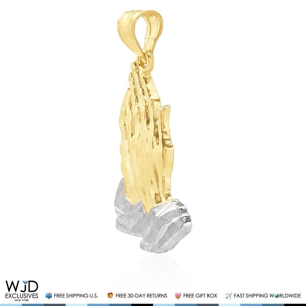 14K Solid Yellow and White Gold Praying Hands Religious Charm Pendant 1.2"