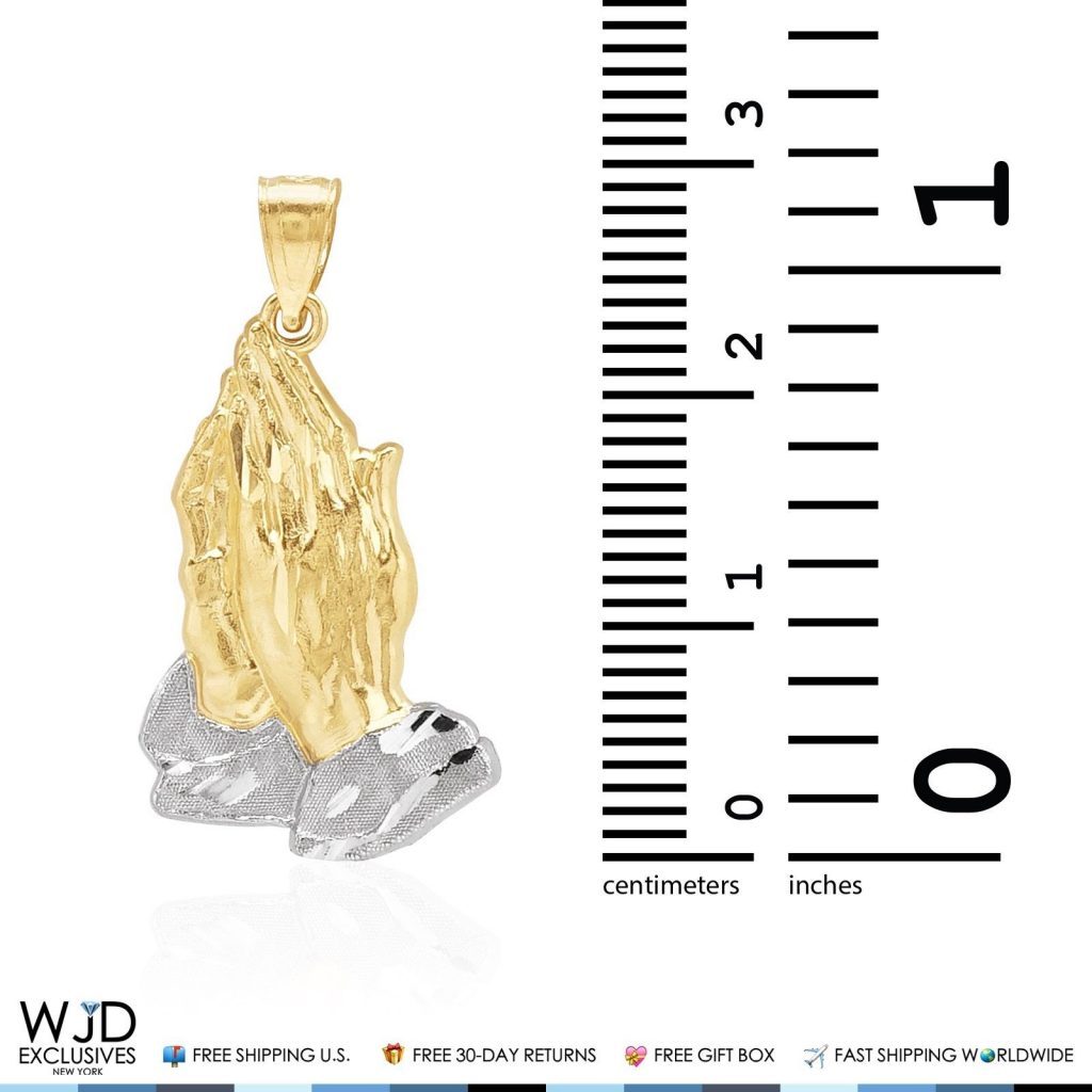 14K Solid Yellow and White Gold Praying Hands Religious Charm Pendant 1.2"