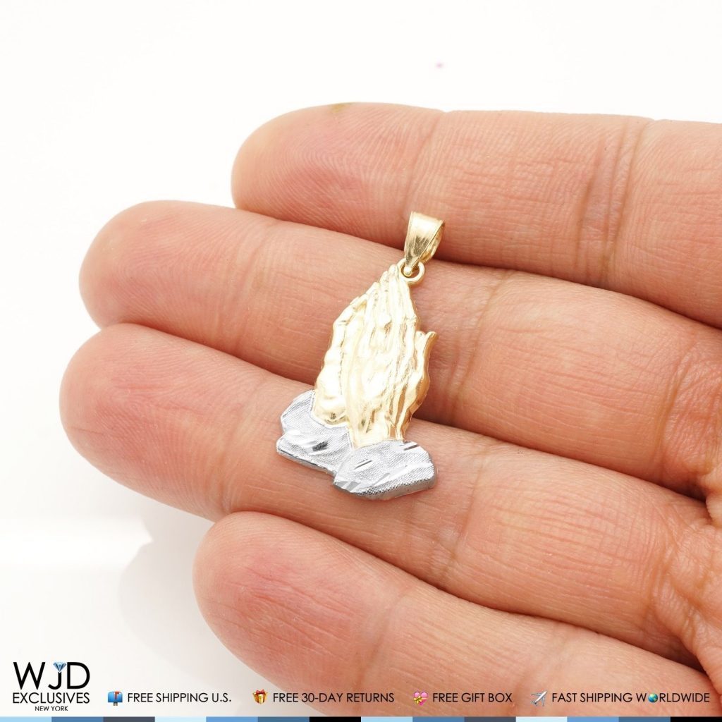 14K Solid Yellow and White Gold Praying Hands Religious Charm Pendant 1.2"