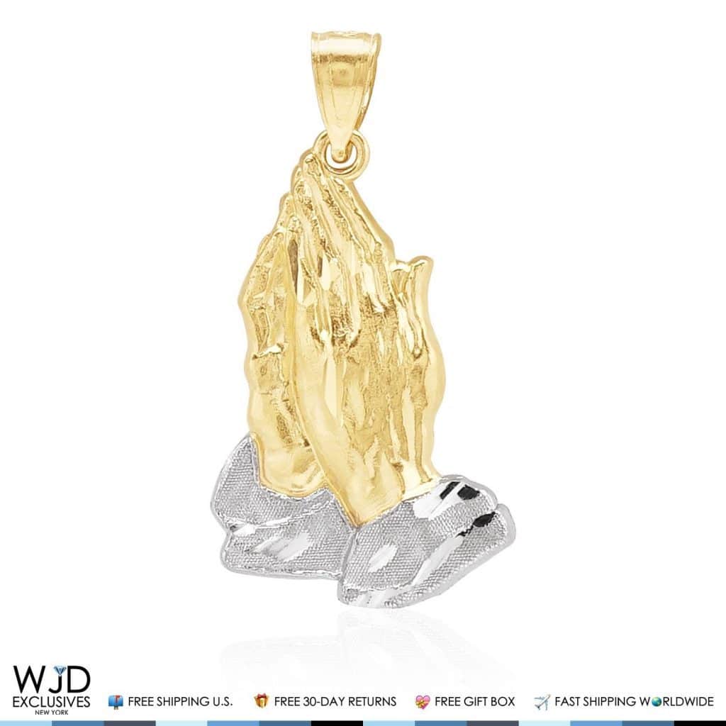 14K Solid Yellow and White Gold Praying Hands Religious Charm Pendant 1.2"