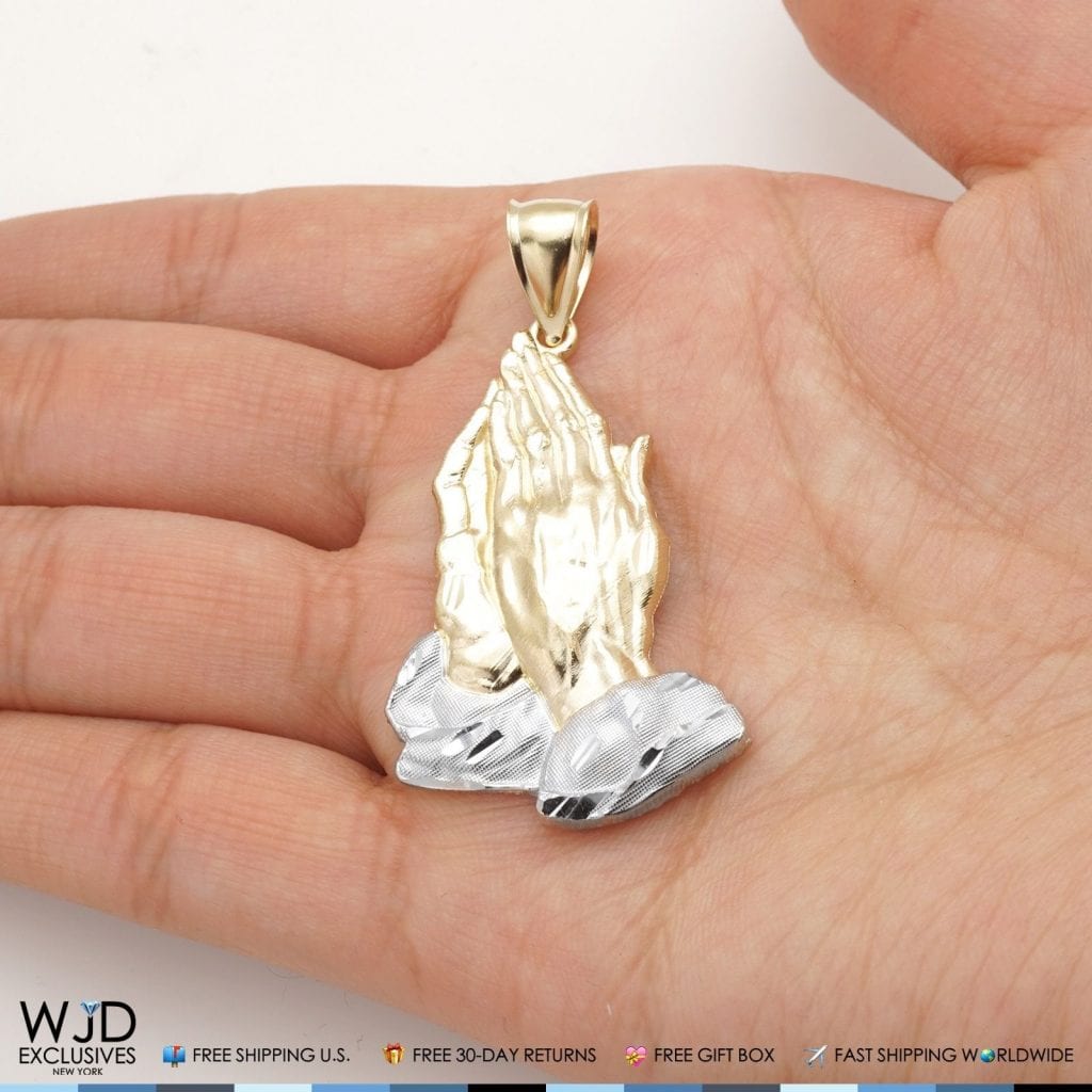 10K Yellow and White Gold Praying Hands Religious Charm Pendant 2"