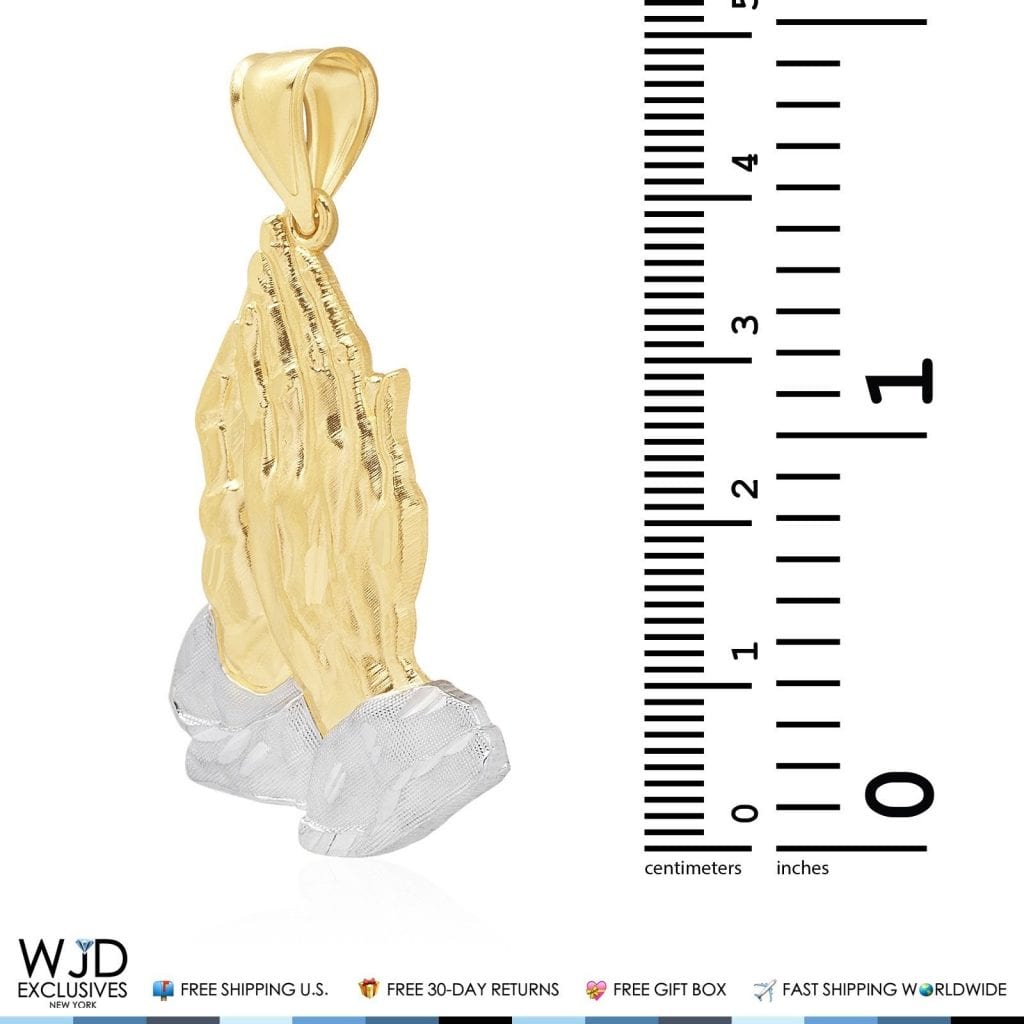 10K Yellow and White Gold Praying Hands Religious Charm Pendant 2"