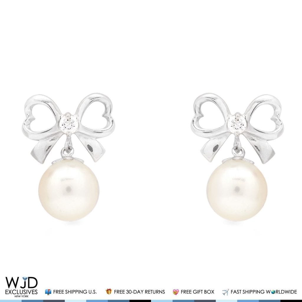 14K White Gold 0.10Ct CZ Bow Tie Pearl Dangle Earrings 0.6"