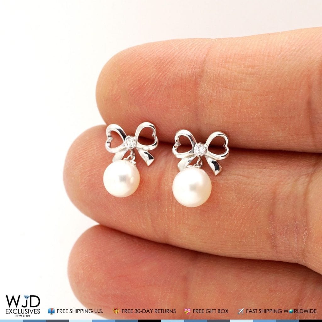 14K White Gold 0.10Ct CZ Bow Tie Pearl Dangle Earrings 0.6"